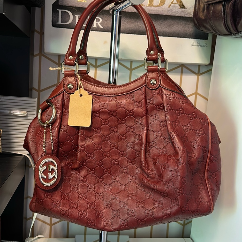 EUD GUCCI Red Wine Burgundy Guccissima Large Sukey Leather Tote BohoShoulder Bag